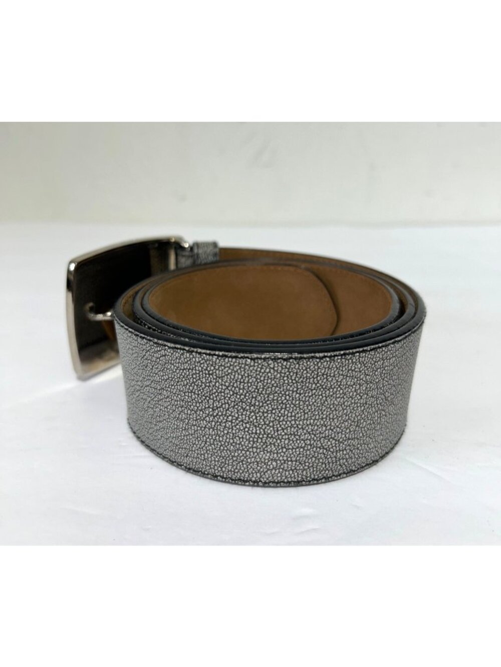 Prada Silver Mens Sz 38 Leather Belt With Black Embossed Buckle Made In Italy - Picture 11 of 11